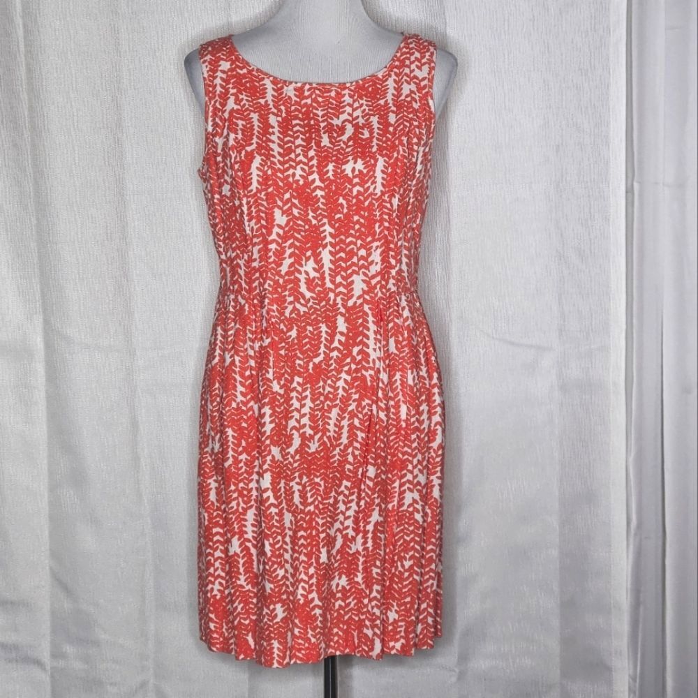 RM LL Coral Fern Print Linen Blend Pleated Waist Back Zip Sleeveless Dress